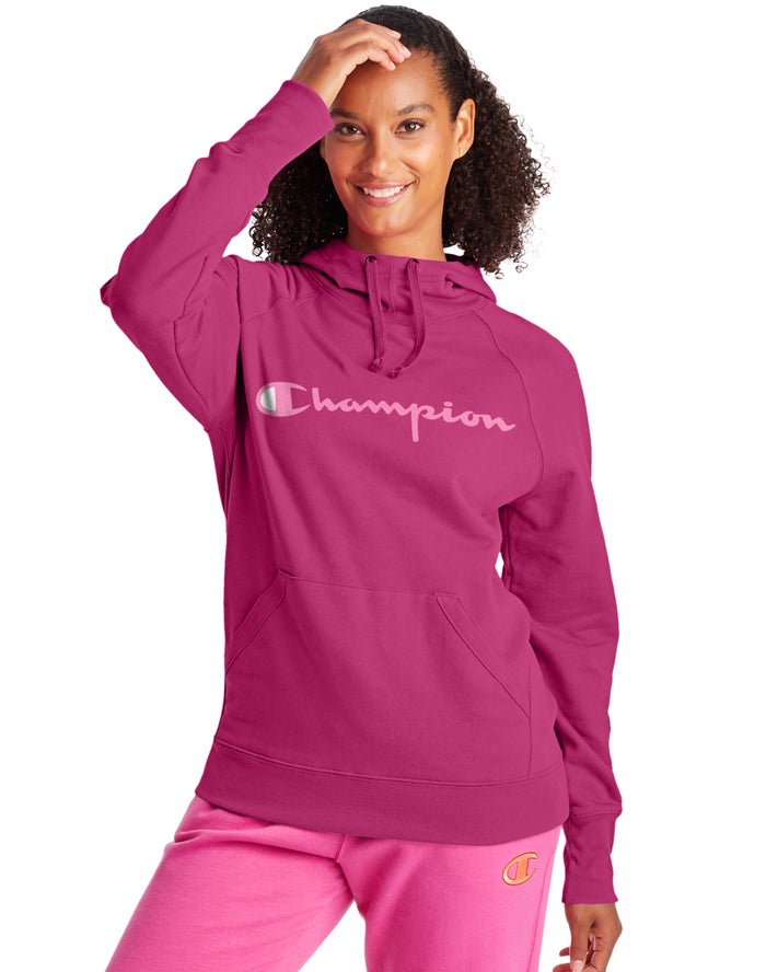 Champion Womens Hoodie NZ - Powerblend Fleece Script Logo Pink ( 0936-VYEMC )